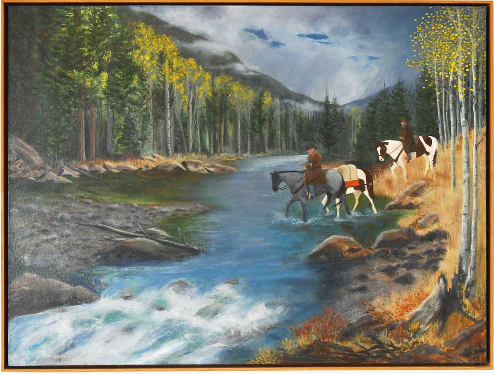 BACKCOUNTRY-ACRYLIC-ON-CANVAS-HORSES-RIDERS-CROSSING-WATER
